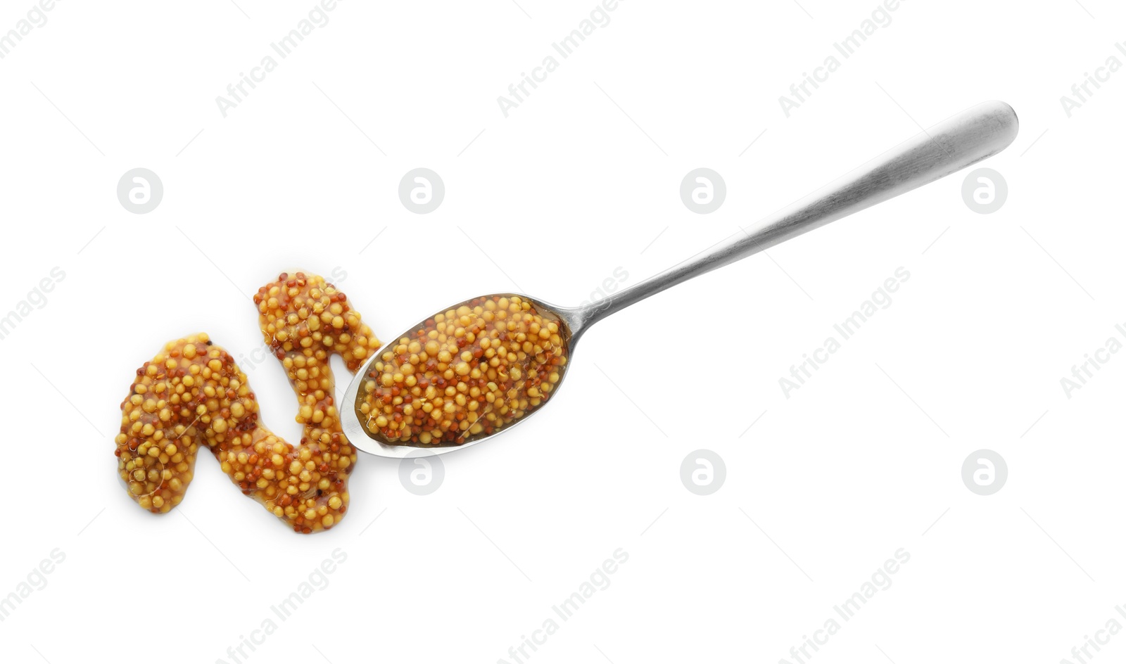 Photo of Fresh whole grain mustard and spoon isolated on white, top view