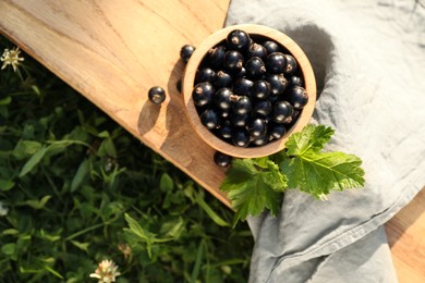 Ripe blackcurrants in bowl and leaves on wooden table outdoors, top view. Space for text