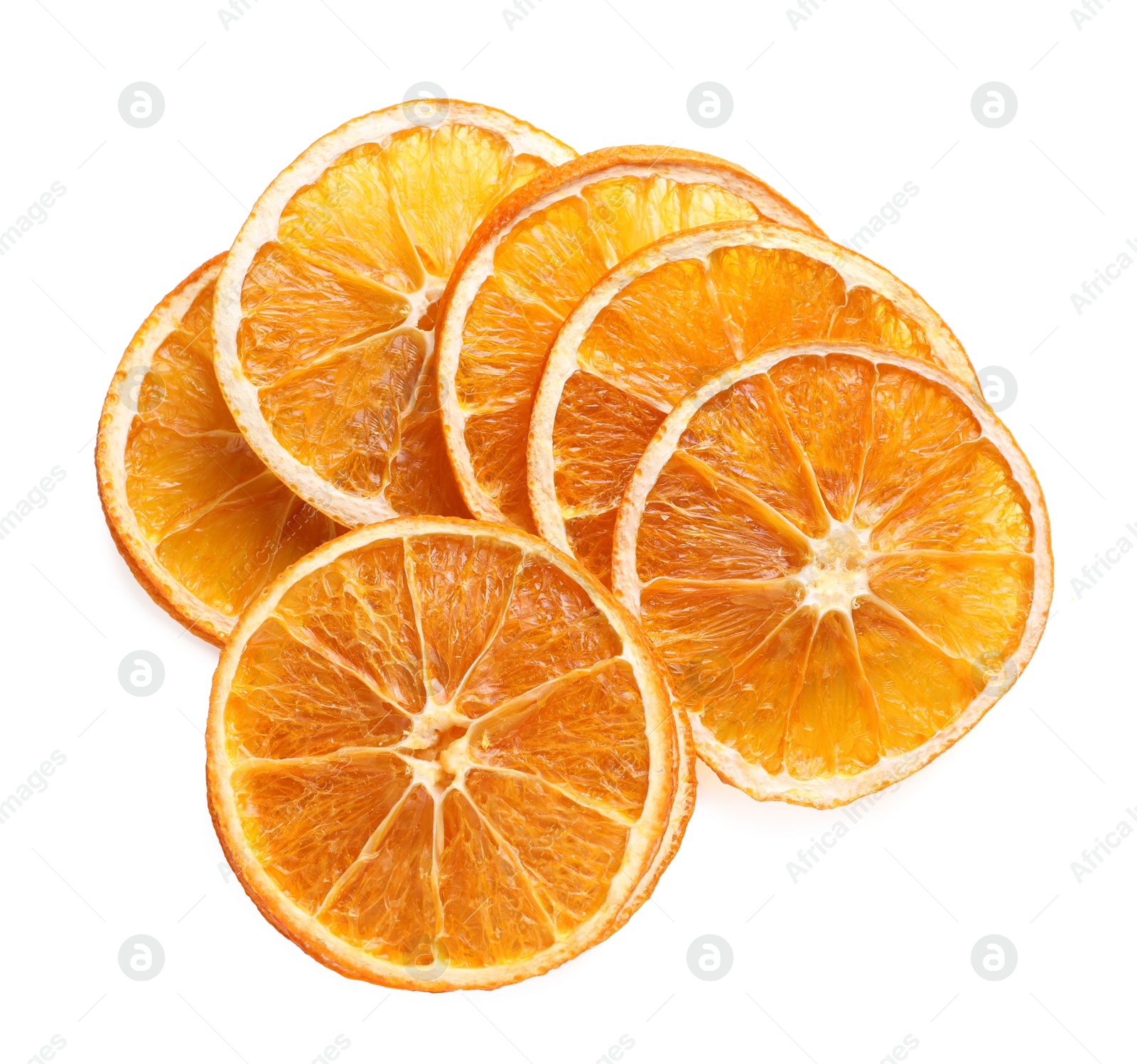 Delicious dry orange slices on white background, top view Photo of Delicious dry orange slices on white background, top view