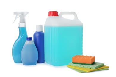 Set of different cleaning supplies on white background