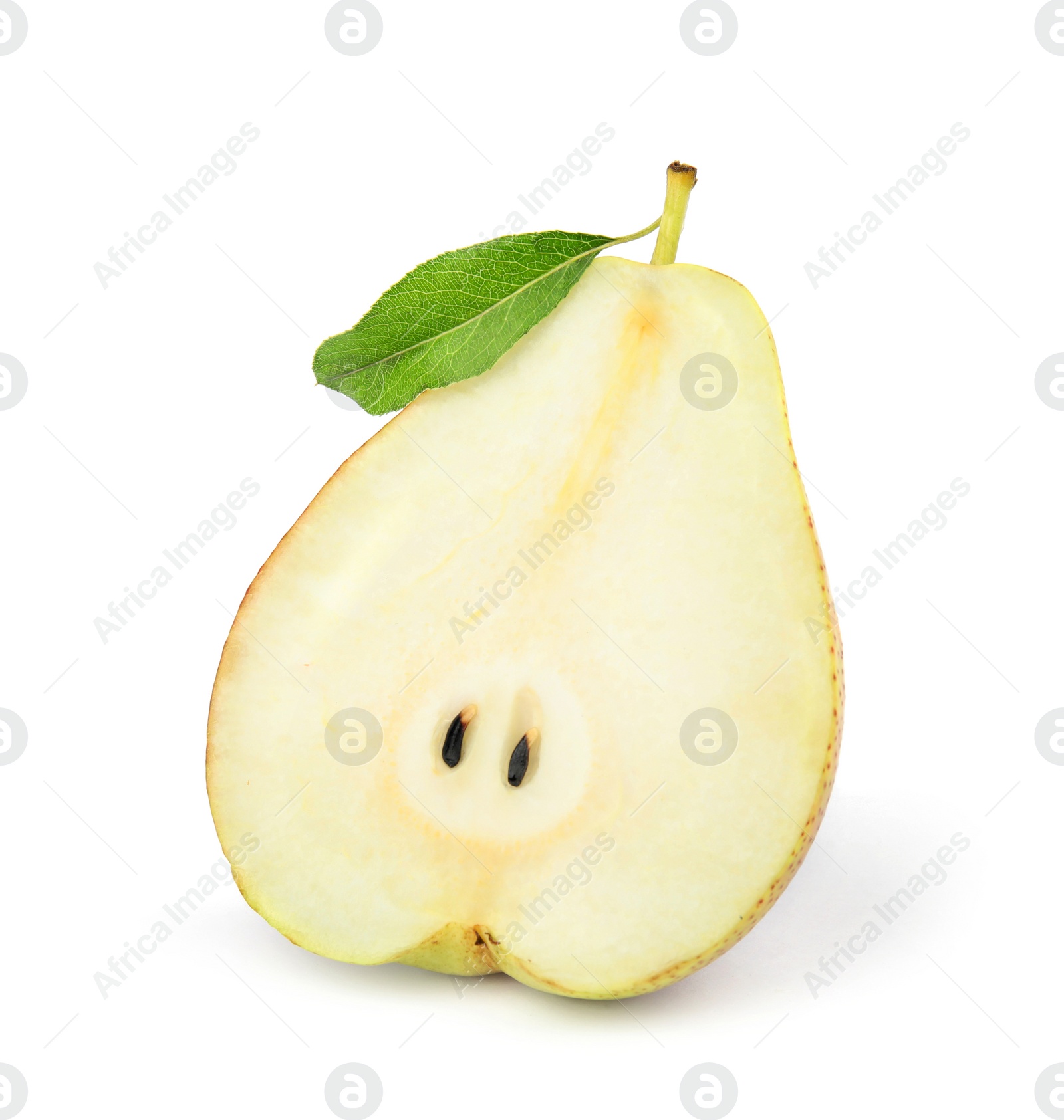 Photo of Half of ripe fresh juicy pear isolated on white