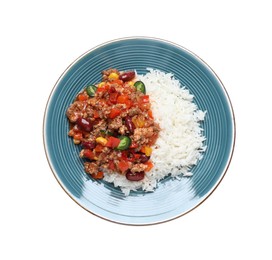 Photo of Plate of rice with chili con carne on white background, top view