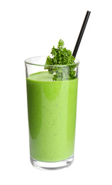 Photo of Tasty fresh kale smoothie on white background