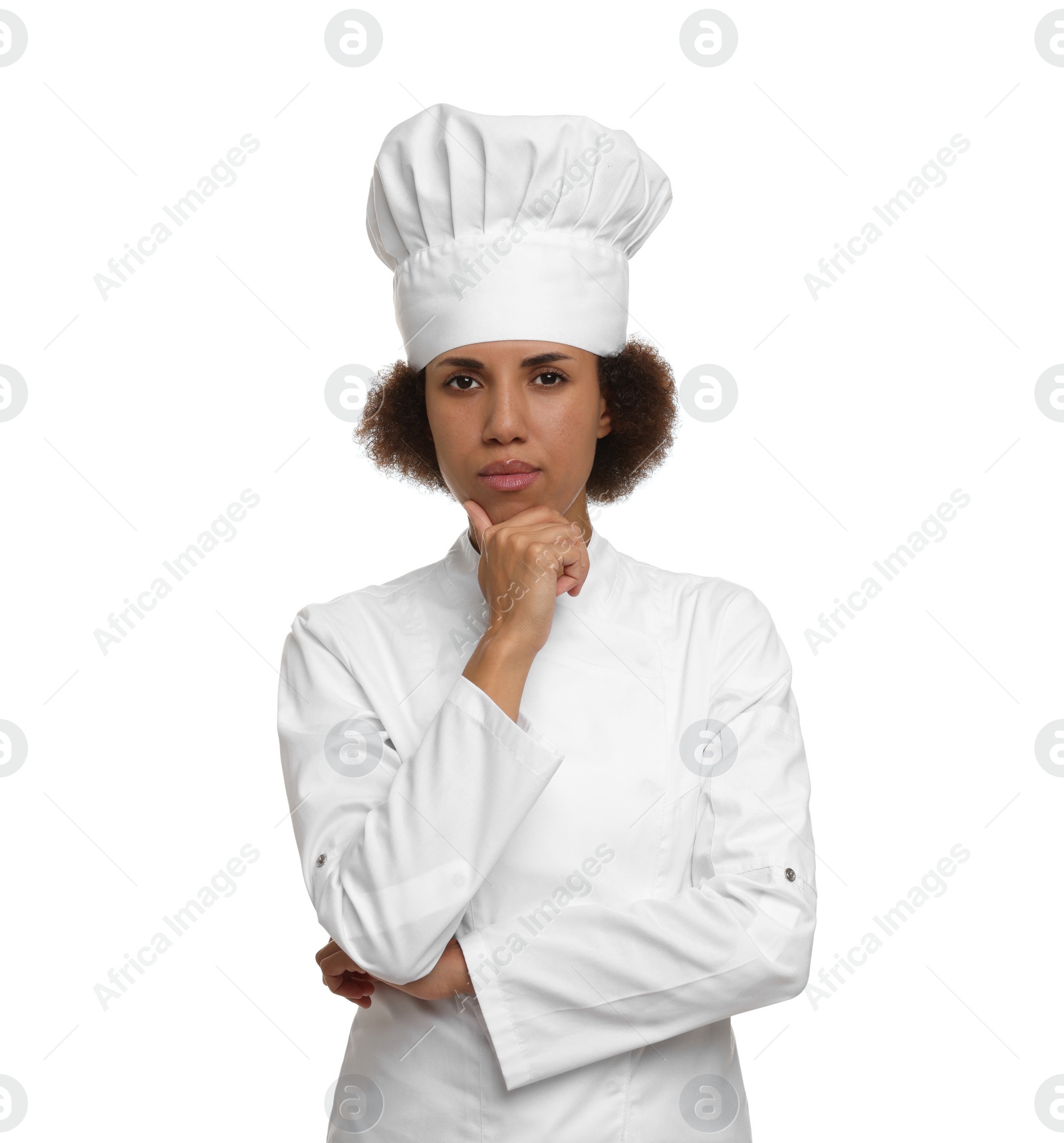 Photo of Thoughtful female chef in uniform on white background