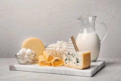 Different fresh dairy products on table