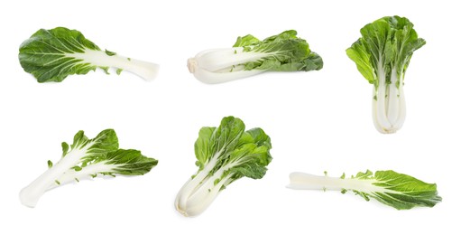 Collage with fresh pak choy cabbages and leaves on white background
