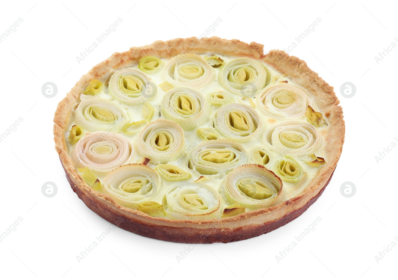 Photo of One tasty leek pie isolated on white