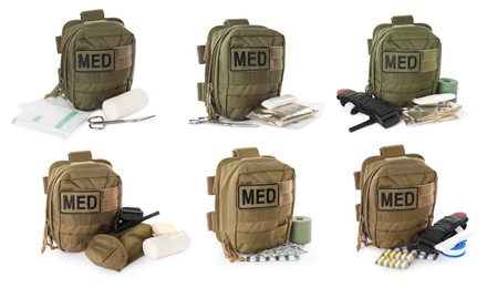 Image of Collage with military first aid kit on white background
