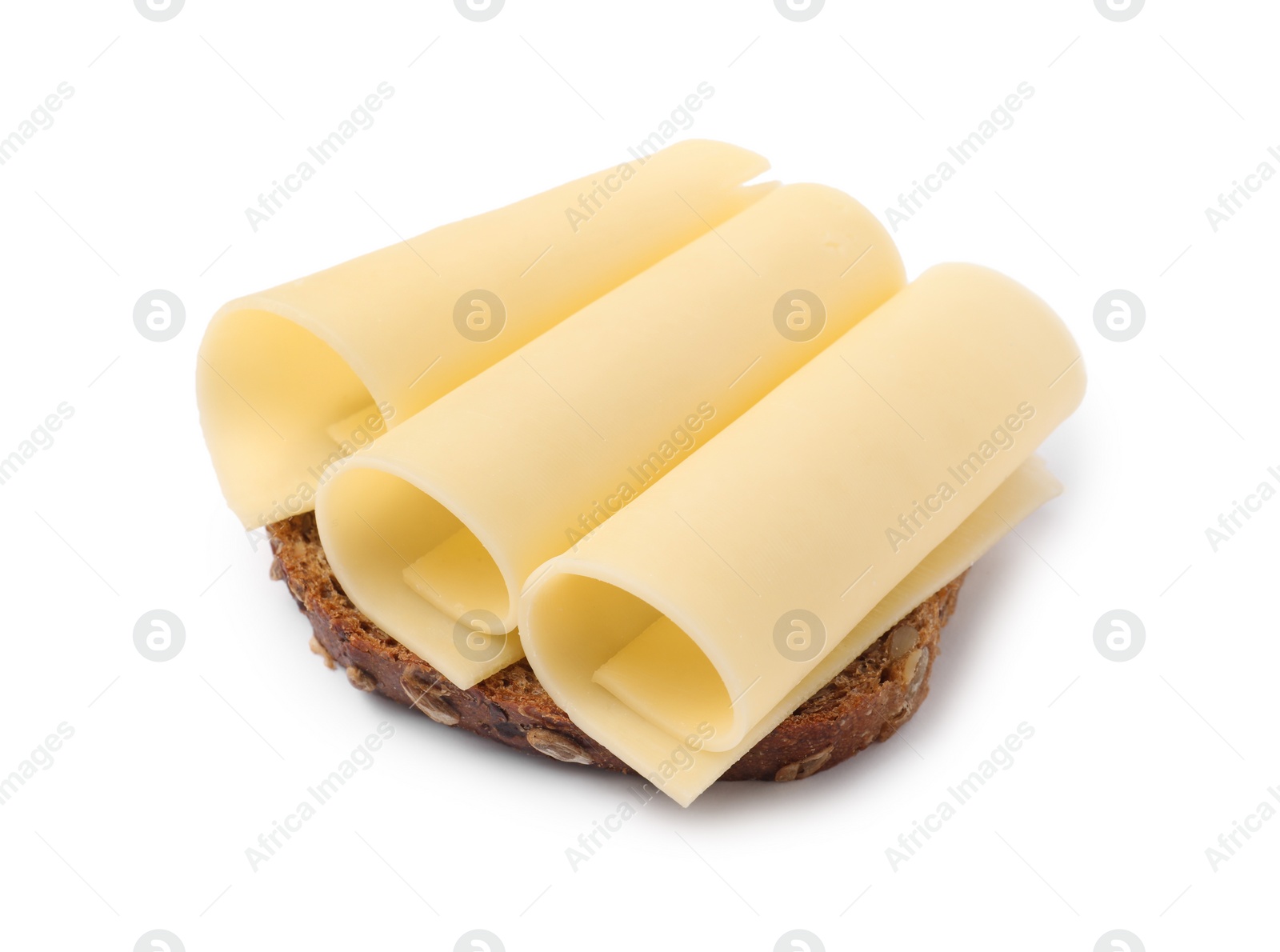 Photo of Tasty sandwich with slices of fresh cheese isolated on white