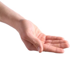 Photo of Man holding hand on white background, closeup