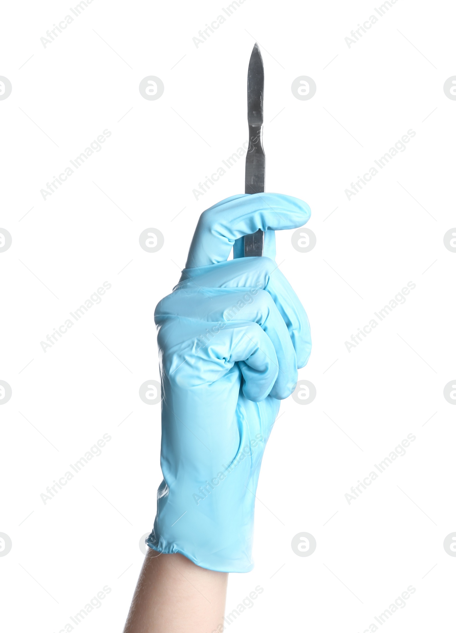 Photo of Doctor in medical glove holding surgical scalpel on white background