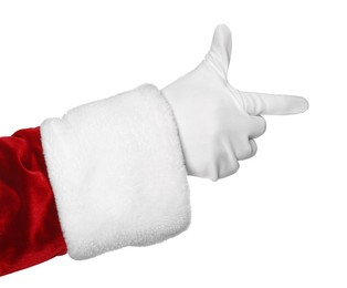 Merry Christmas. Santa Claus pointing at something on white background, closeup