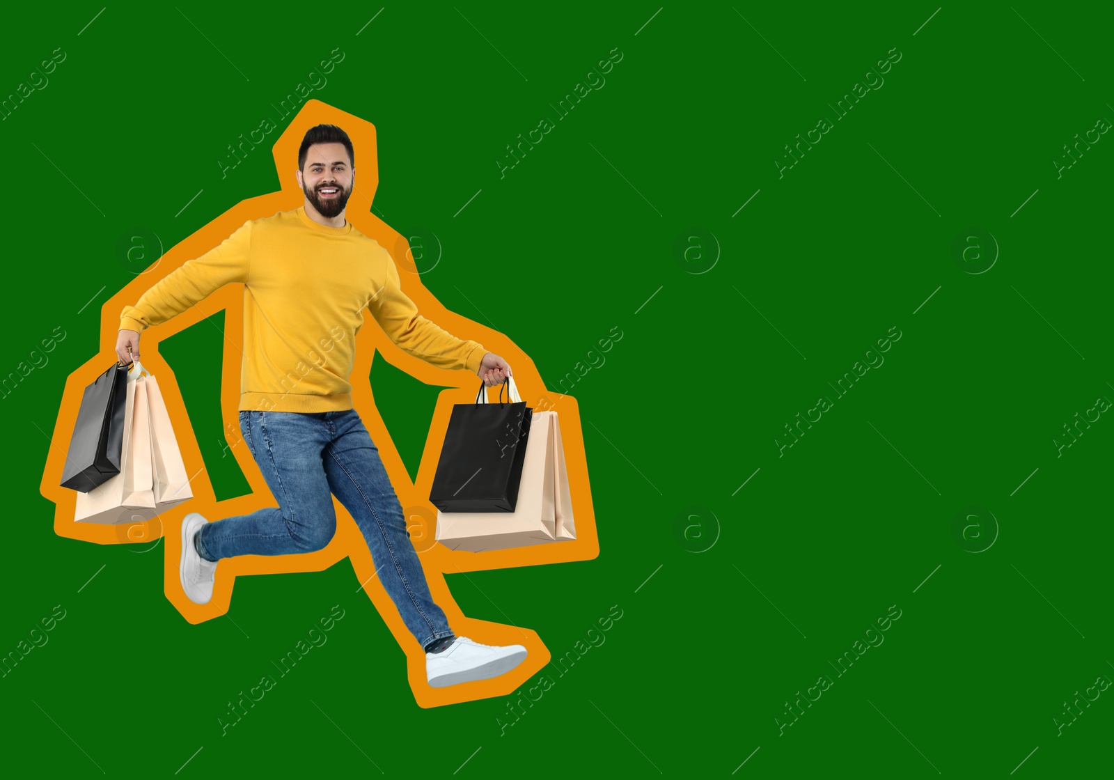 Image of Happy man with shopping bags jumping on green background, space for text