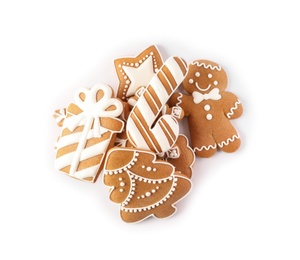 Photo of Pile of Christmas cookies on white background, top view