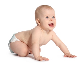 Cute little baby crawling on white background