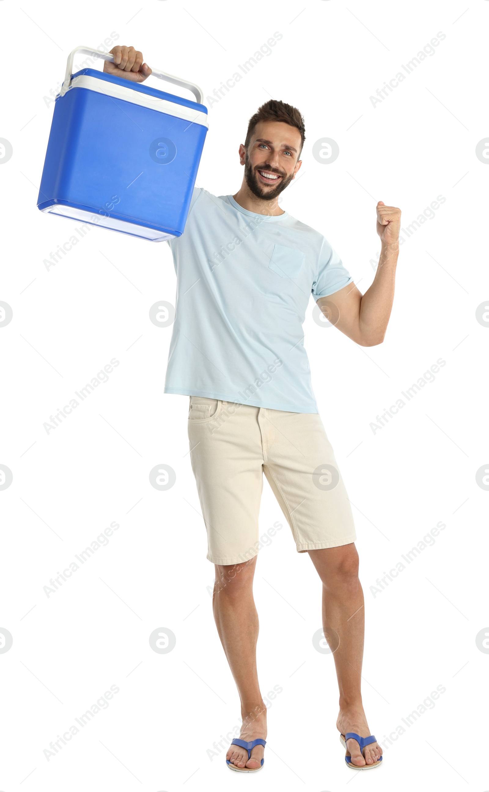 Photo of Happy man with cool box on white background