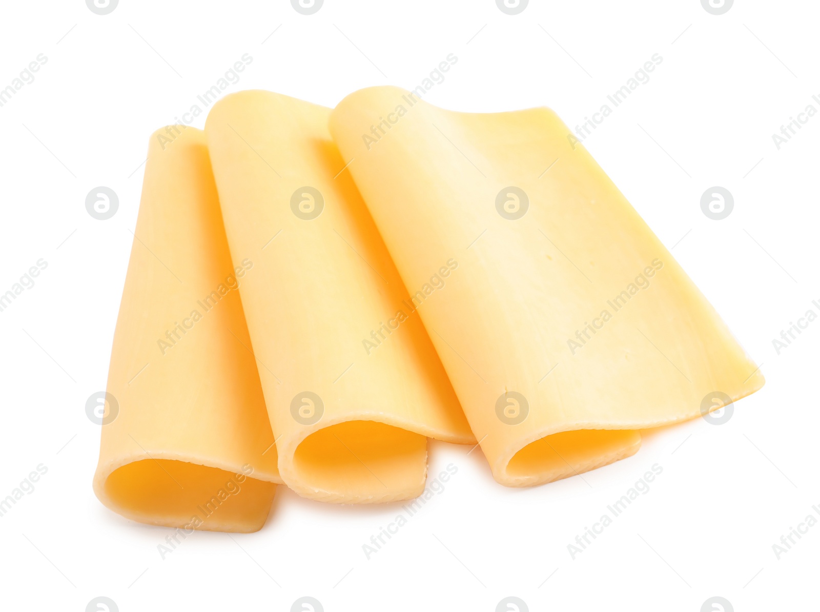 Photo of Slices of tasty cheese on white background