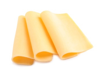 Photo of Slices of tasty cheese on white background