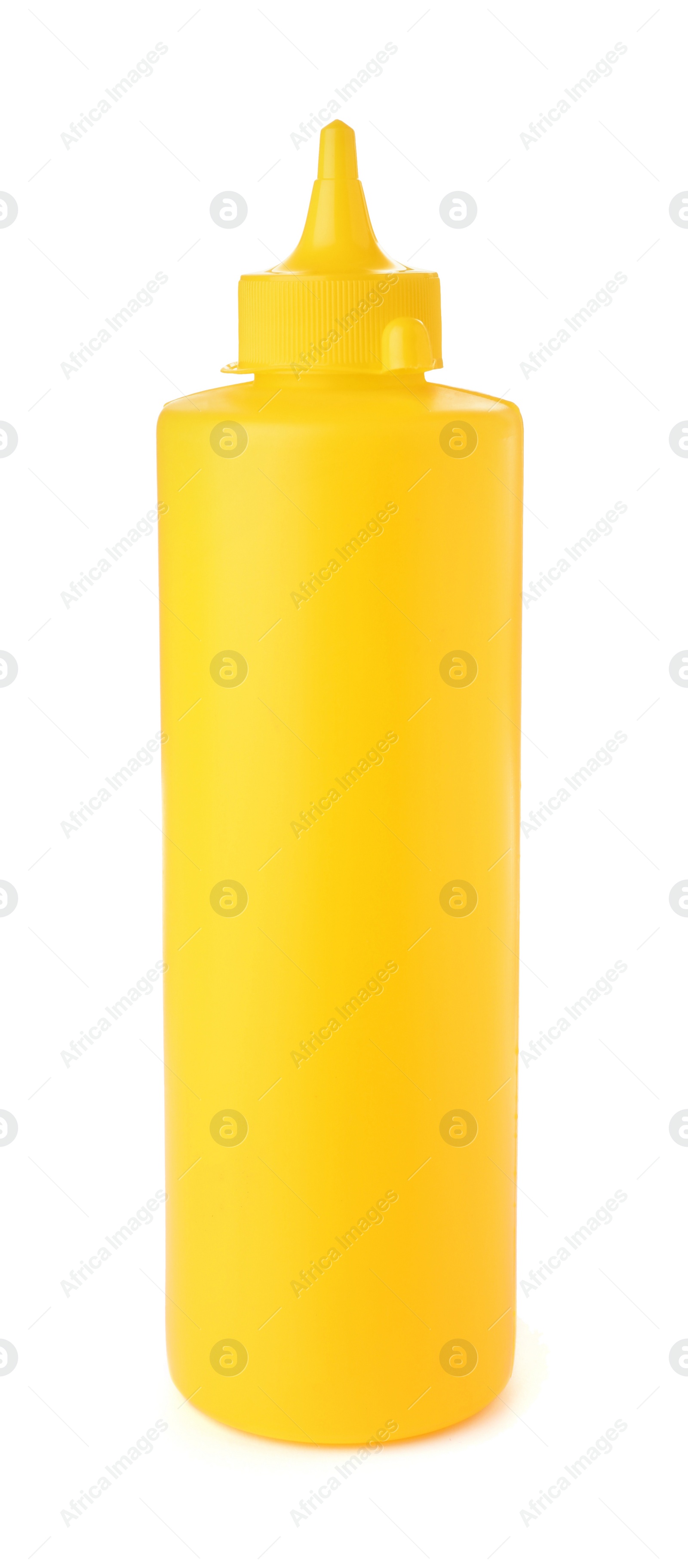 Photo of Plastic bottle of spicy mustard isolated on white