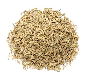 Pile of dry fennel seeds isolated on white, top view