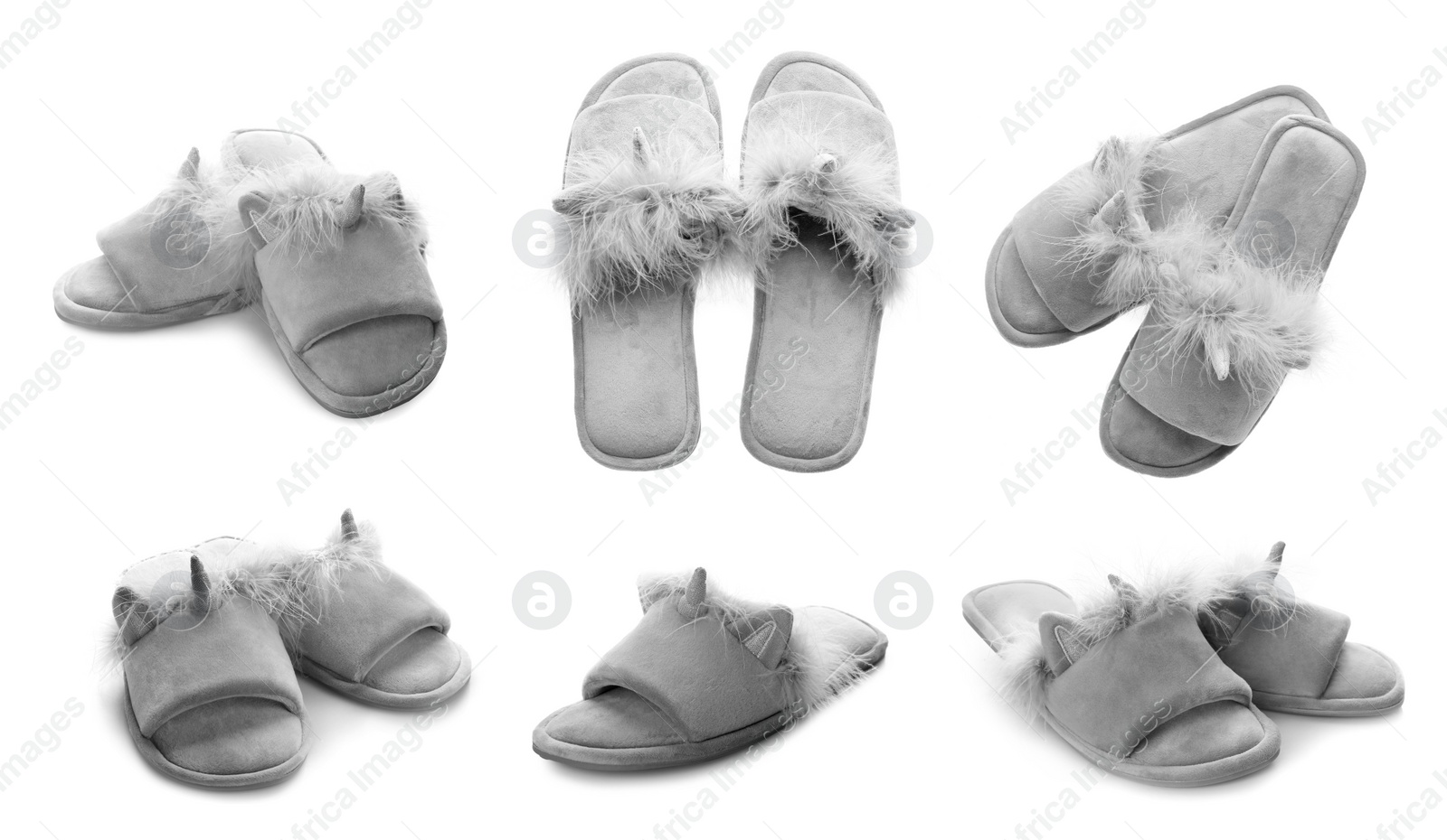 Image of Collage with fluffy slippers on white background