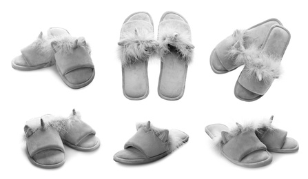 Image of Collage with fluffy slippers on white background