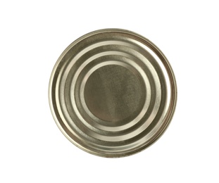 Photo of Closed tin can isolated on white, top view