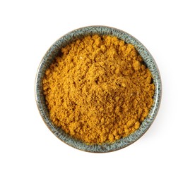 Photo of Dry curry powder in bowl isolated on white, top view