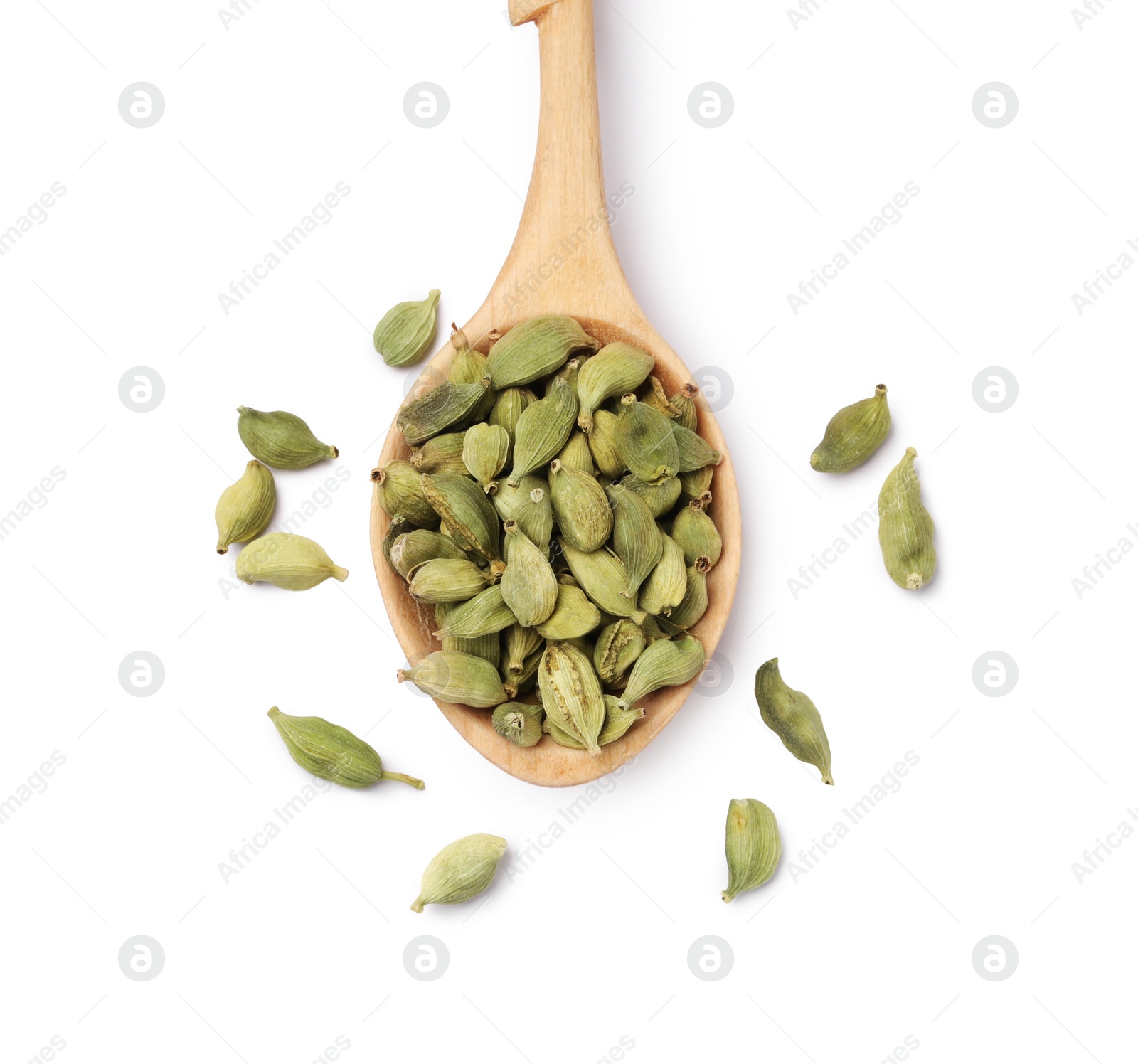 Photo of Wooden spoon with cardamom isolated on white, top view