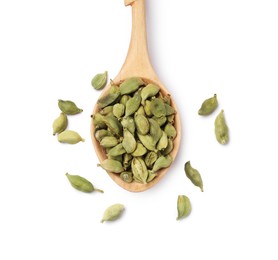 Photo of Wooden spoon with cardamom isolated on white, top view