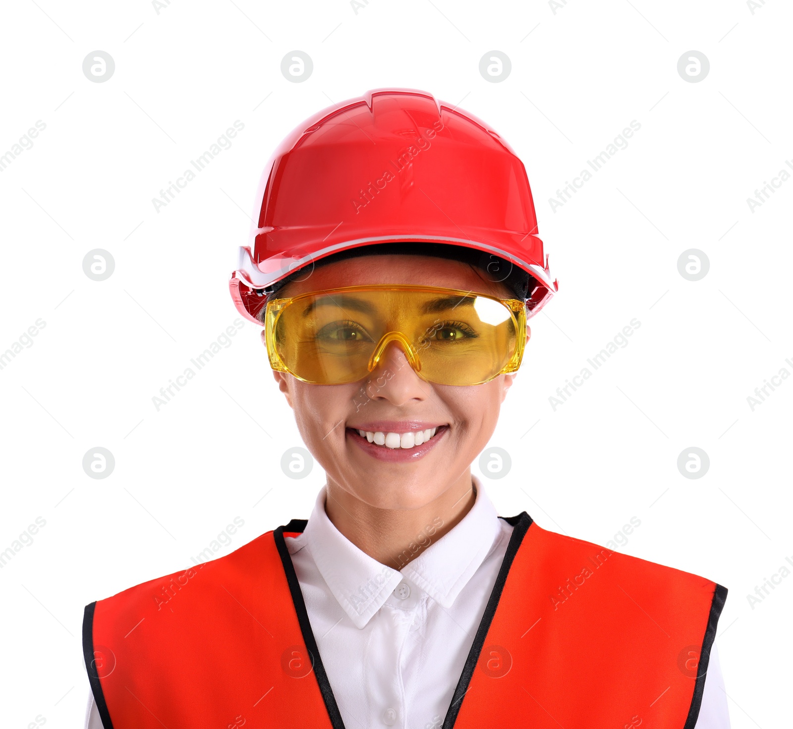 Photo of Female industrial engineer in uniform on white background. Safety equipment