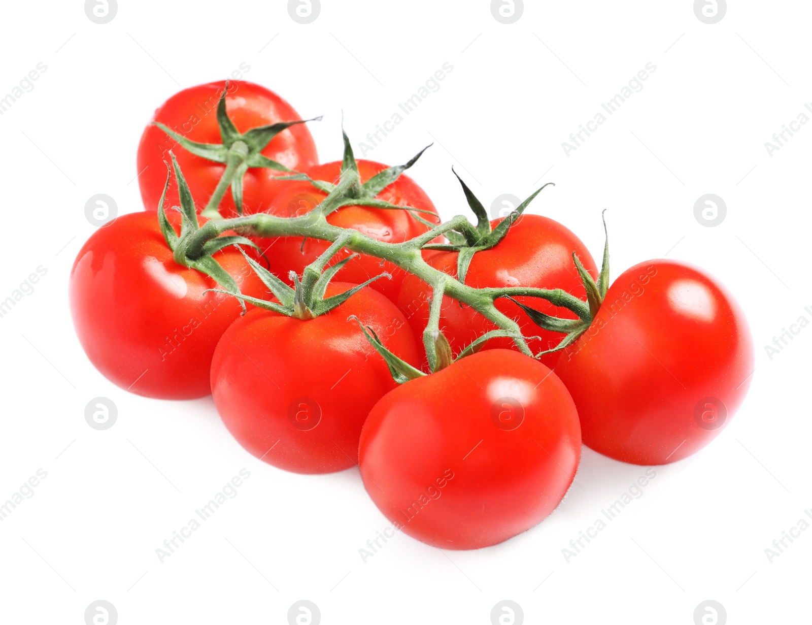 Photo of Branch of fresh cherry tomatoes isolated on white