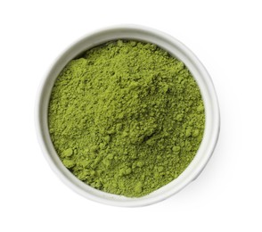 Photo of Green matcha powder in bowl isolated on white, top view