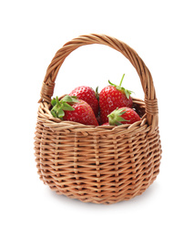 Photo of Ripe strawberries in wicker basket isolated on white
