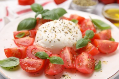 Tasty salad Caprese with mozarella, tomatoes and basil on white plate, closeup