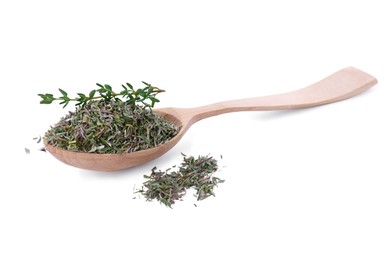Photo of Spoon of dried thyme and fresh herb isolated on white
