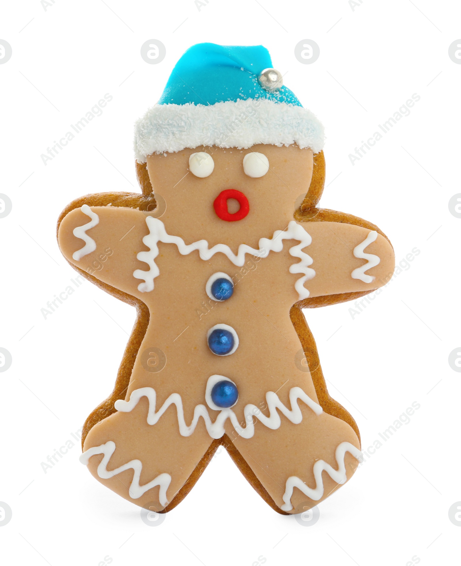 Photo of Gingerbread man isolated on white. Delicious Christmas cookie