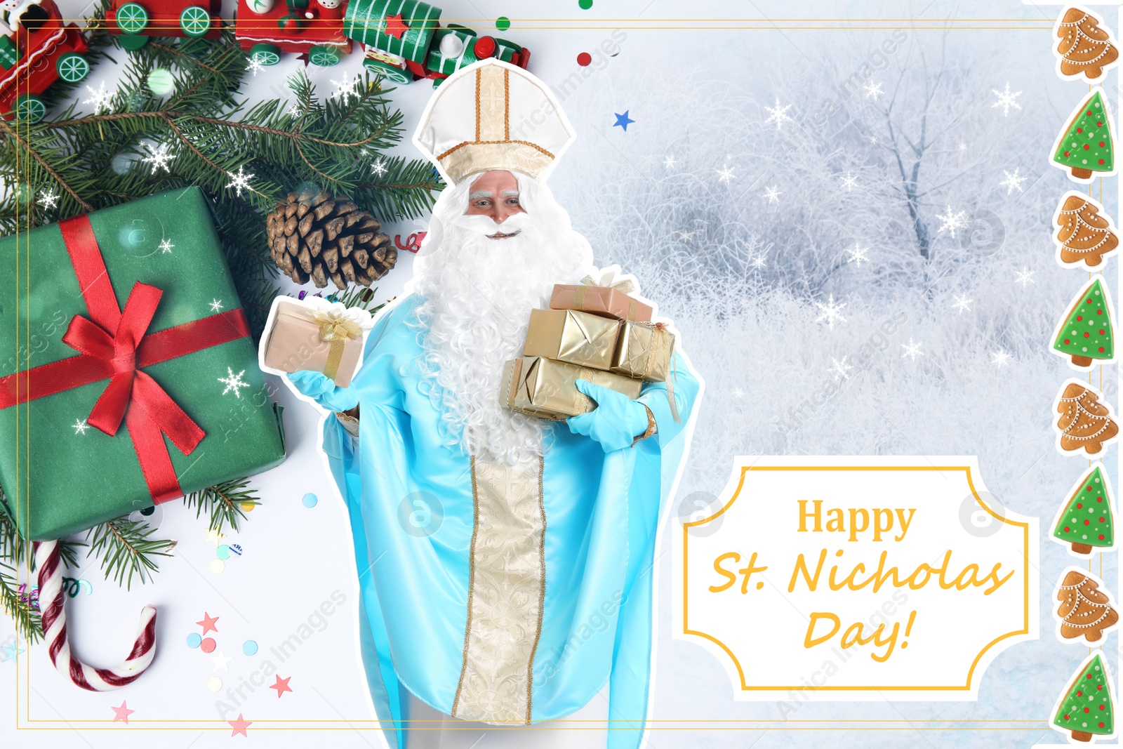 Image of Greeting card design. Saint Nicholas with presents 