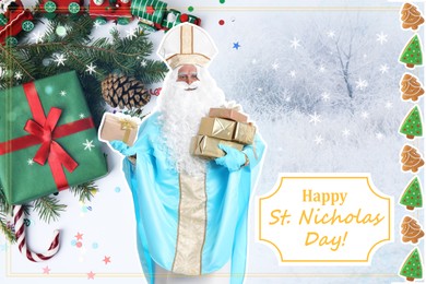 Image of Greeting card design. Saint Nicholas with presents 