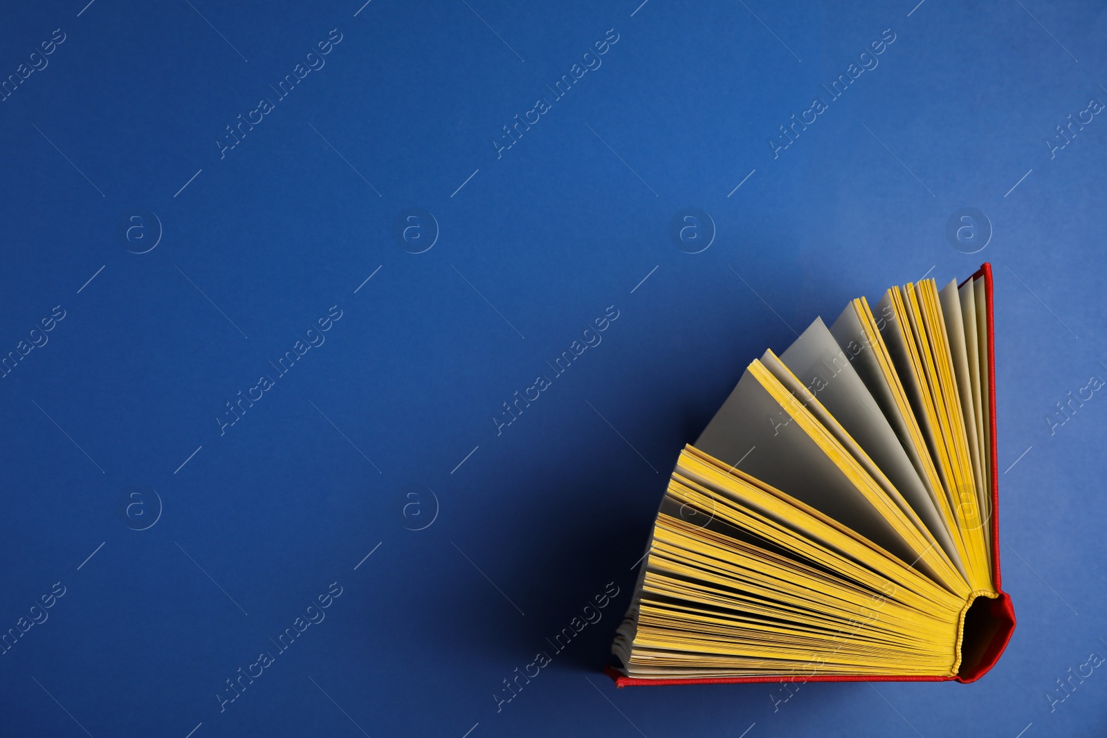 Photo of Hardcover book on blue background, top view
