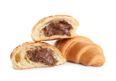 Photo of Tasty croissants with chocolate on white background