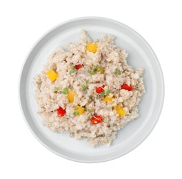 Delicious barley porridge with vegetables and microgreens isolated on white, top view