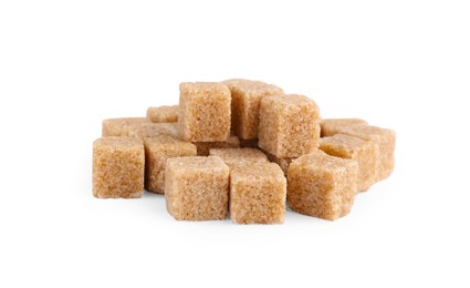 Photo of Pile of brown sugar cubes isolated on white