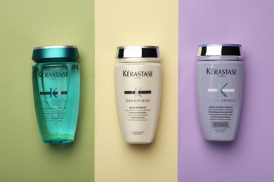 Photo of MYKOLAIV, UKRAINE - SEPTEMBER 07, 2021: Kerastase hair care cosmetic products on color background, flat lay