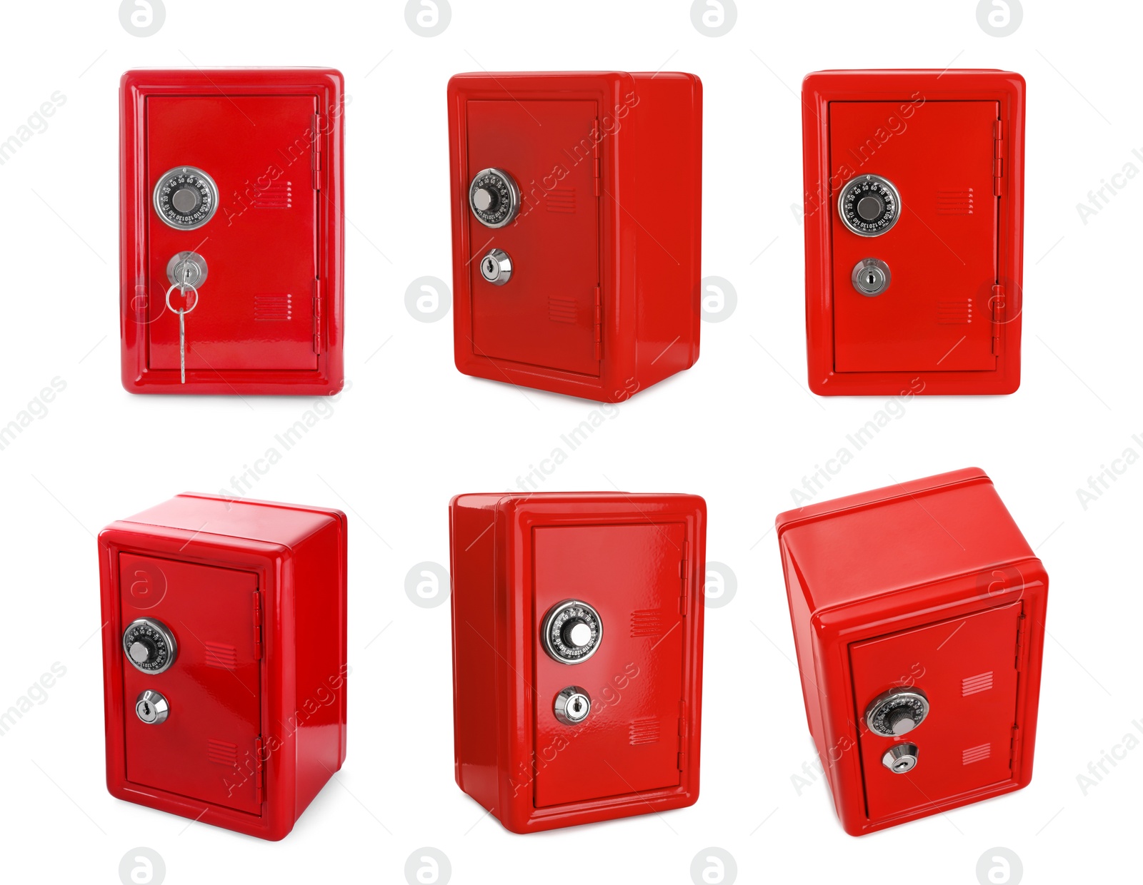 Image of Closed red steel safe on white background, view from different sides