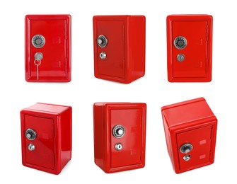 Closed red steel safe on white background, view from different sides