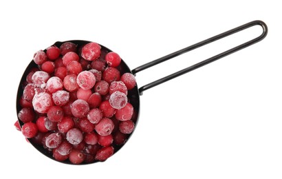 Photo of Frozen red cranberries in scoop isolated on white, top view