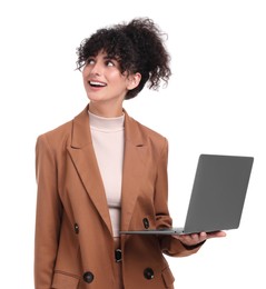Photo of Beautiful happy businesswoman with laptop on white background