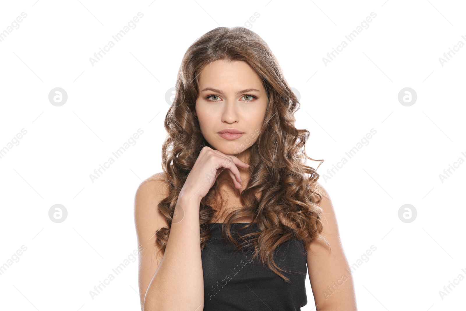 Photo of Portrait of beautiful young woman with shiny wavy hair on white background