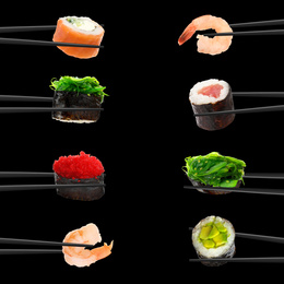 Collage of different sushi rolls and shrimps on black background